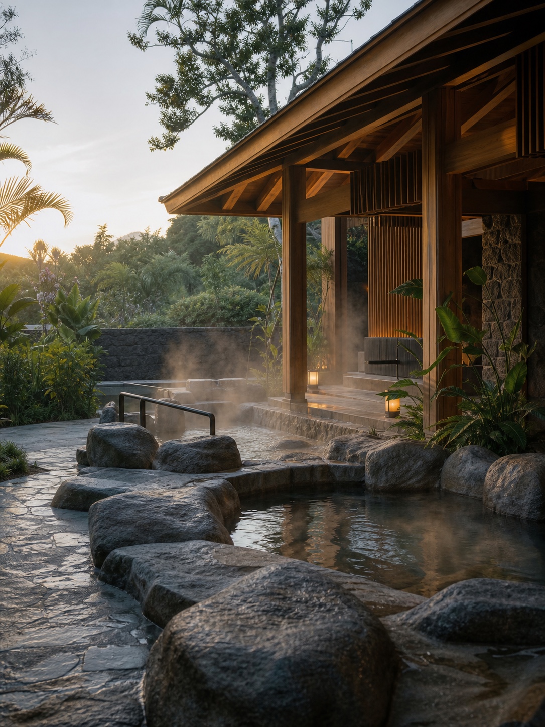 Wellness pavilion and onsen in a private community Natural stone and timber wellness pavilion with gentle steam and tropical planting | Sky Rye Design Natural stone and timber wellness pavilion with gentle steam and tropical planting