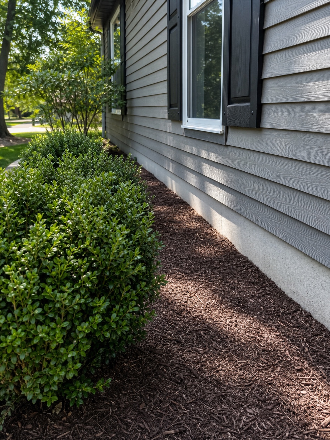 Home facade with mature shrubs set back from the wall and a visible mulch clearance gap.