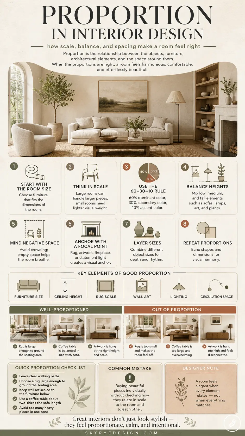 Infographic: Proportion in interior design — 8 tips on scale, balance, 60-30-10 rule, focal points and spacing