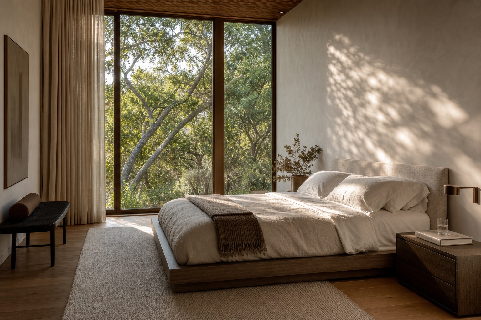 Primary suite quiet material palette Quiet primary bedroom suite with oak flooring, linen bedding, and mature trees outside. | Sky Rye Design Quiet primary bedroom suite with oak flooring, linen bedding, and mature trees outside.
