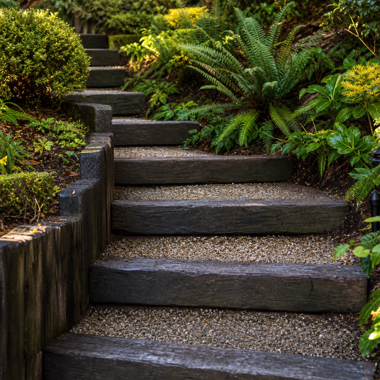 Railway sleepers garden steps Wooden garden steps winding up a slope, bordered by lush greenery and ferns on both sides. | Sky Rye Design Railway sleepers garden steps with gravel treads, planted borders and a gentle level change