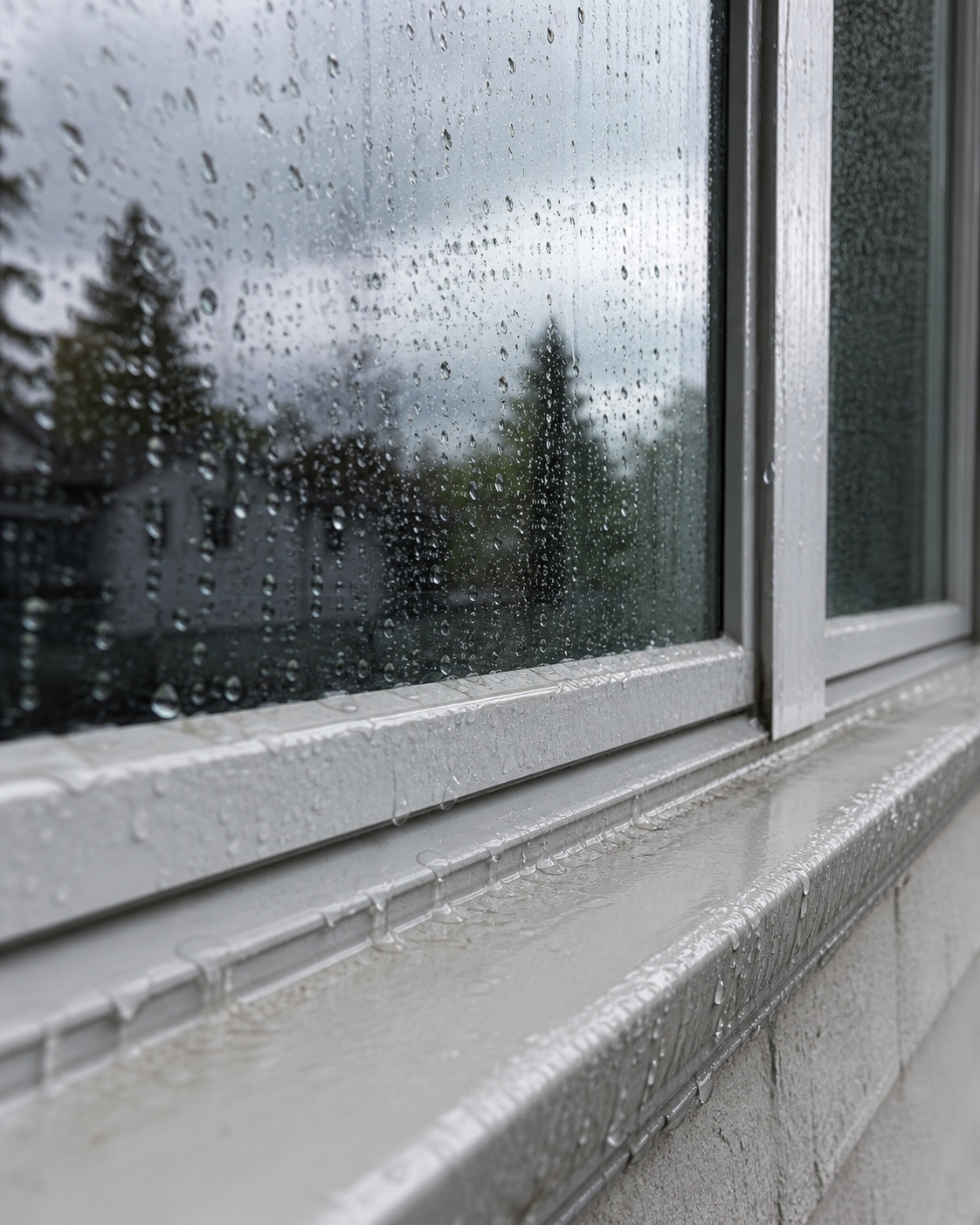Rain beading on an exterior window frame Rain droplets beading on exterior window glass and sill after a storm. | Sky Rye Design Rain droplets beading on exterior window glass and sill after a storm.