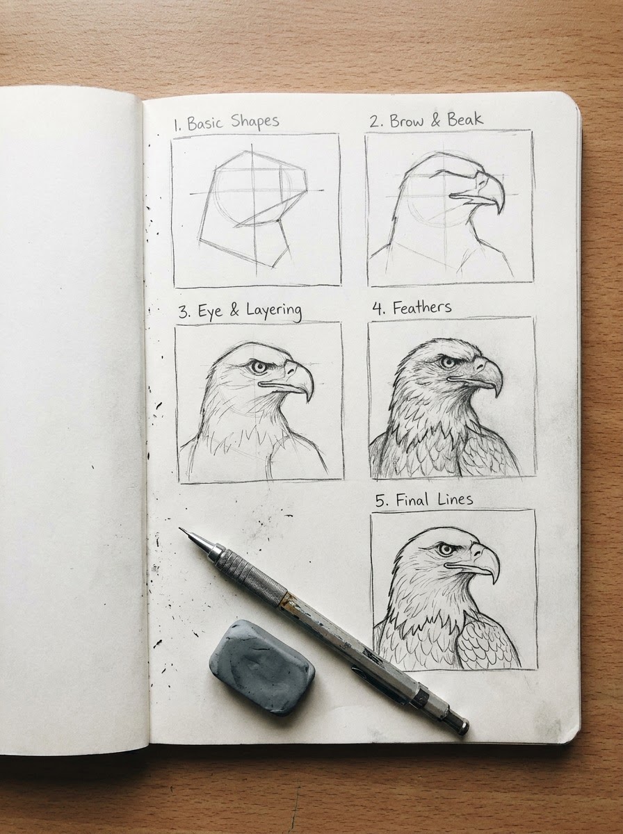 Realistic eagle drawing step-by-step sketchbook Sketchbook page showing a five-step realistic eagle drawing construction from basic shapes to final linework. | Sky Rye Design Sketchbook page showing a five-step realistic eagle drawing construction from basic shapes to final linework.