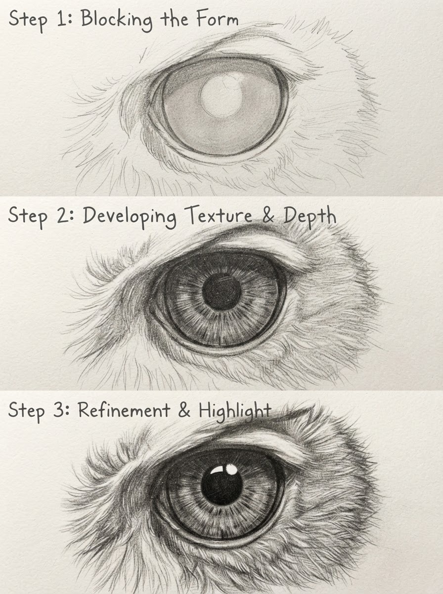 Three-stage close-up of an owl eye showing mid-tone, pupil detail, and finished catchlight shading