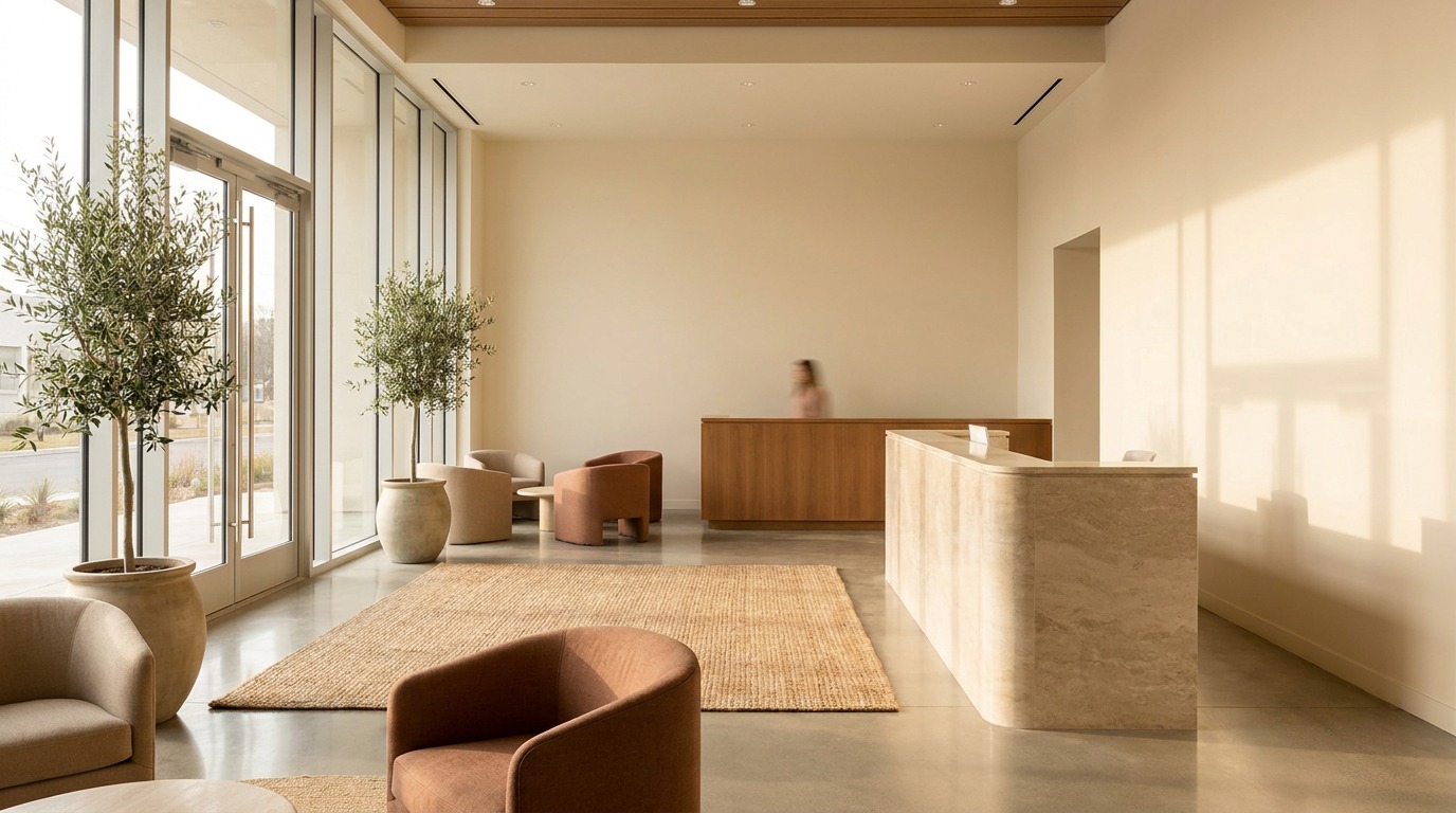 Commercial Reception Lobby in Warm Reflective Tones Commercial reception lobby painted in a warm light-reflective palette with natural light spilling across the walls | Sky Rye Design Commercial reception lobby painted in a warm light-reflective palette with natural light spilling across the walls