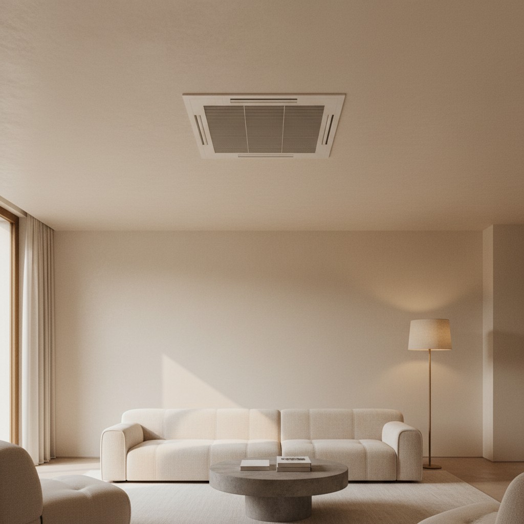 Recessed ceiling cassette mini split unit with a flush grille set into a smooth plaster ceiling