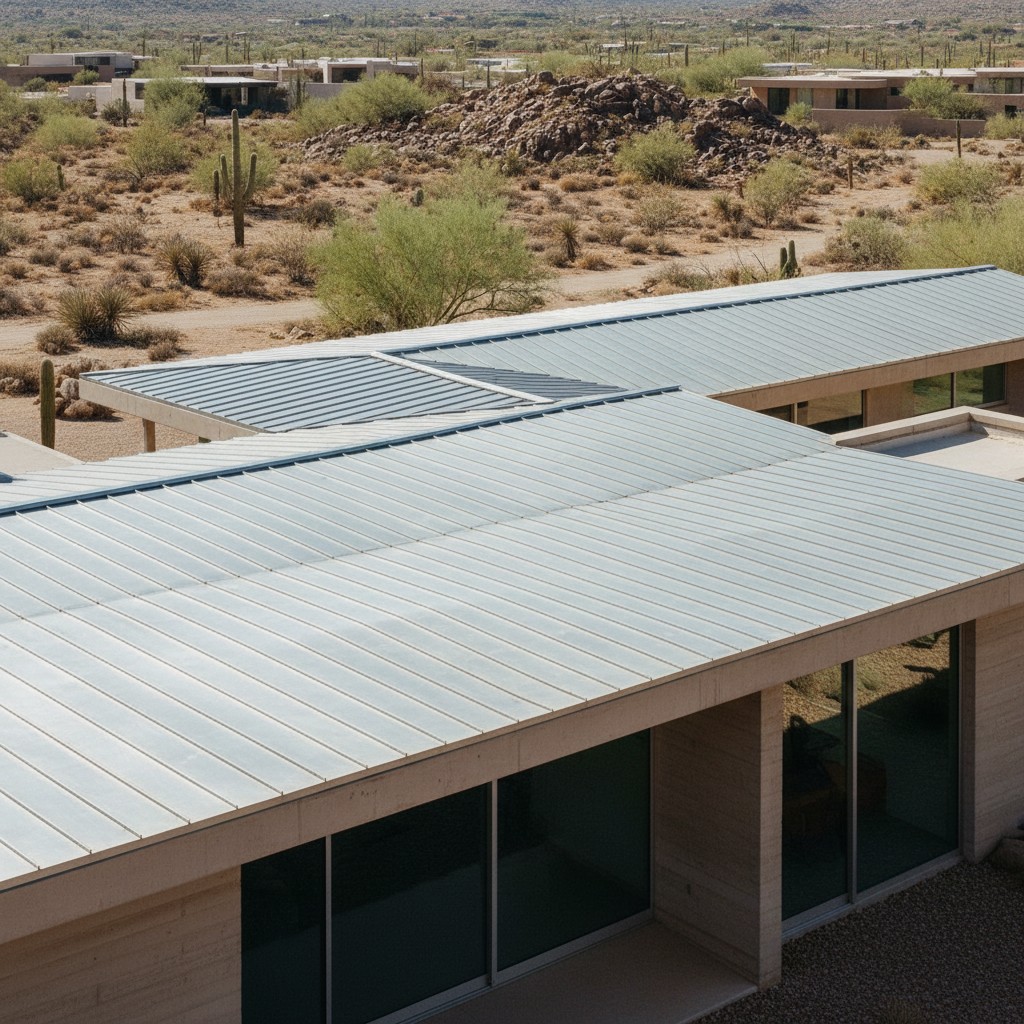 Reflective Standing Seam Roof Desert Home Reflective light colored standing seam metal roof on modern desert home | Sky Rye Design Reflective light colored standing seam metal roof on modern desert home