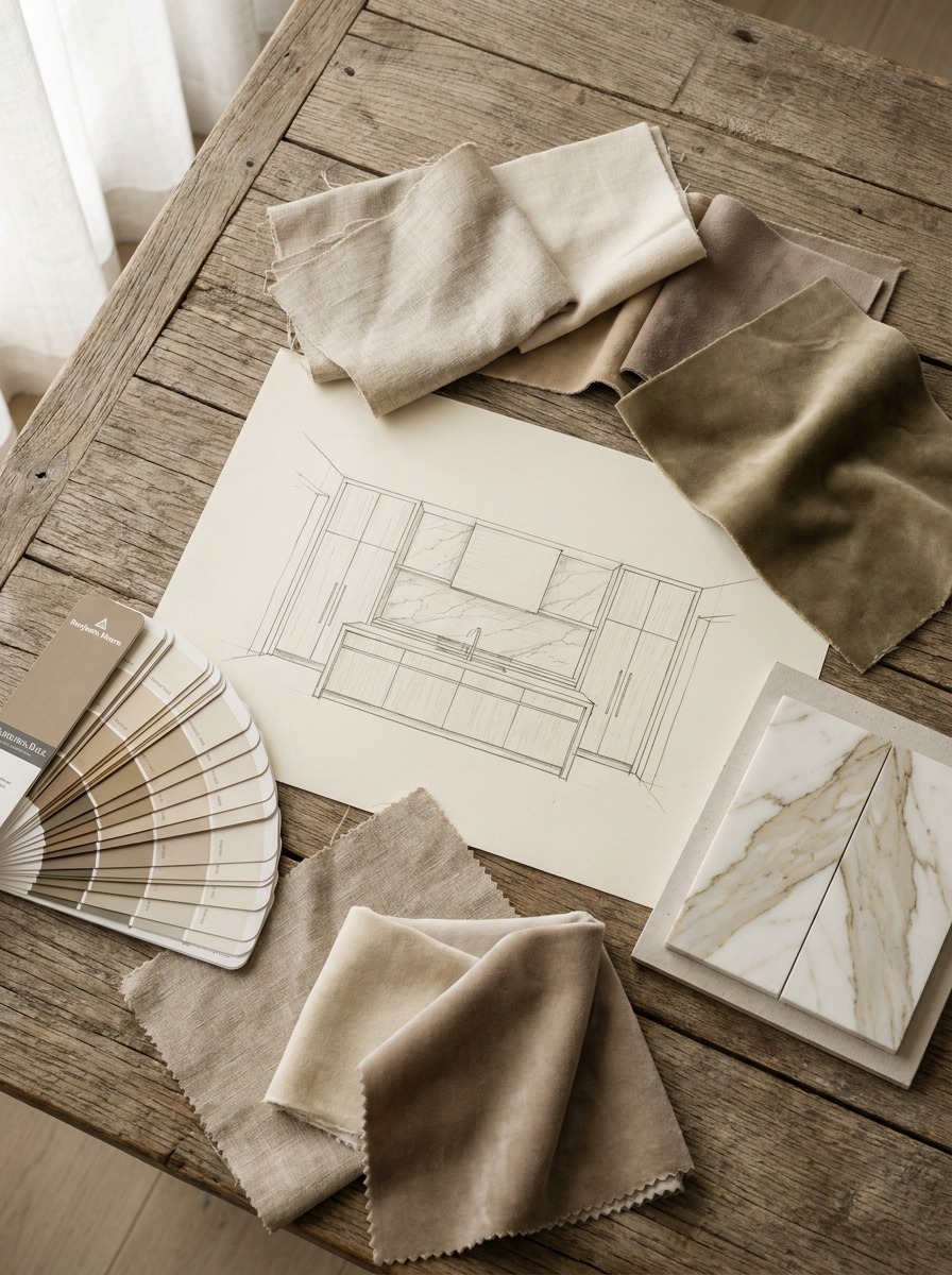 Residential Renovation Interior Design Material Swatches Flat lay photograph of interior design material swatches, marble tile samples, and paint fan deck for a renovation project. | Sky Rye Design Flat lay photograph of interior design material swatches, marble tile samples, and paint fan deck for a renovation project.