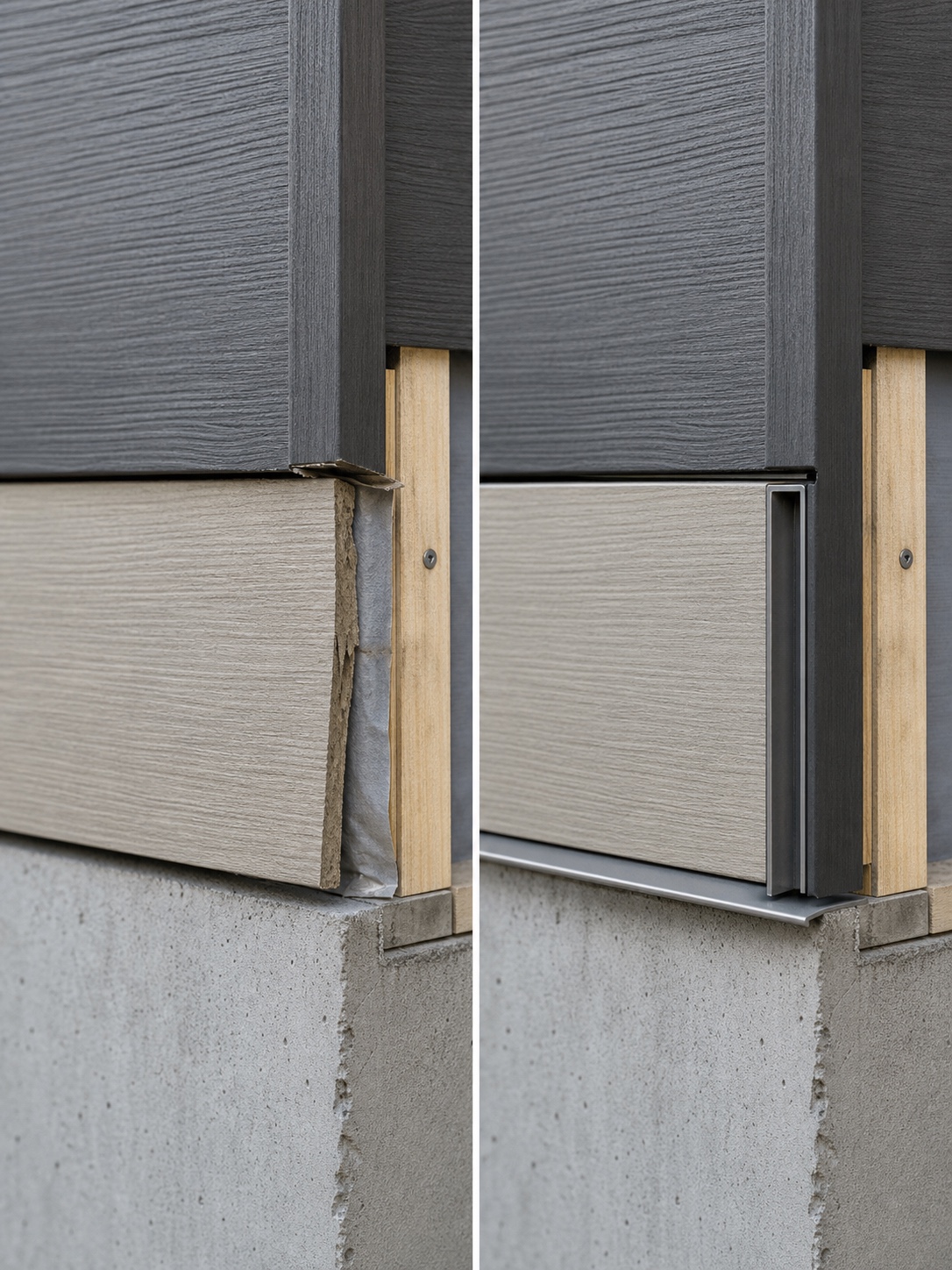 Home exterior details comparison showing a poor seam and a proper reveal strip.