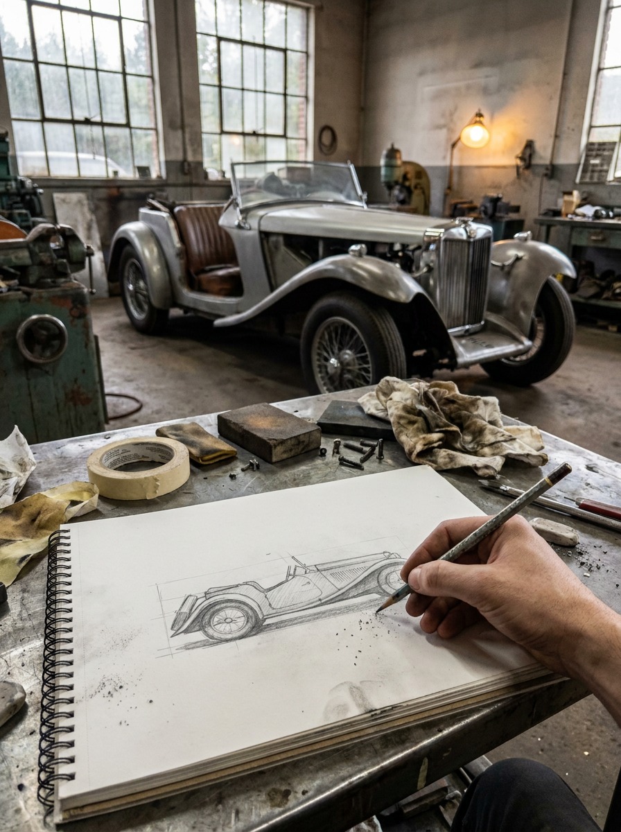 Atmospheric documentary photograph inside a vintage car restoration workshop with an artist sketching a roadster.