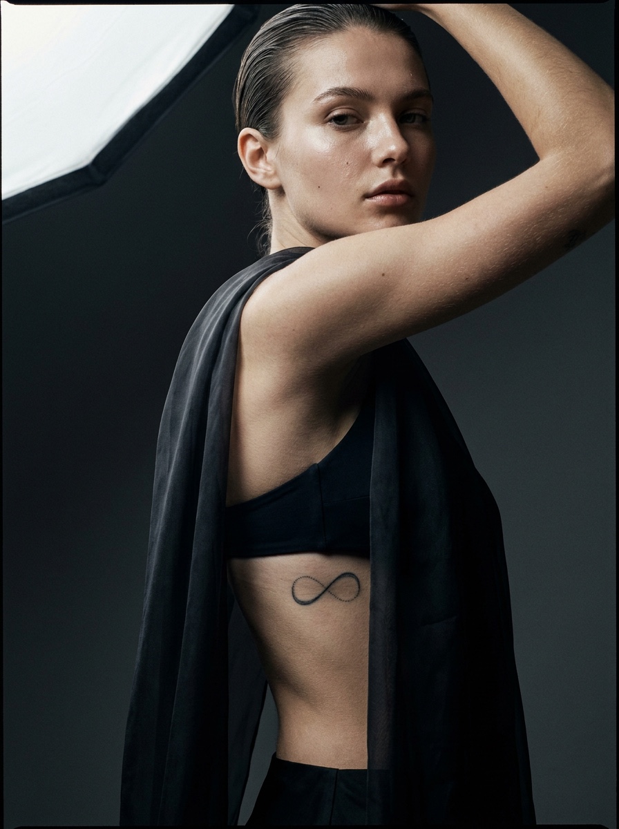 A small fine-line infinity tattoo on the rib area in a tasteful editorial pose