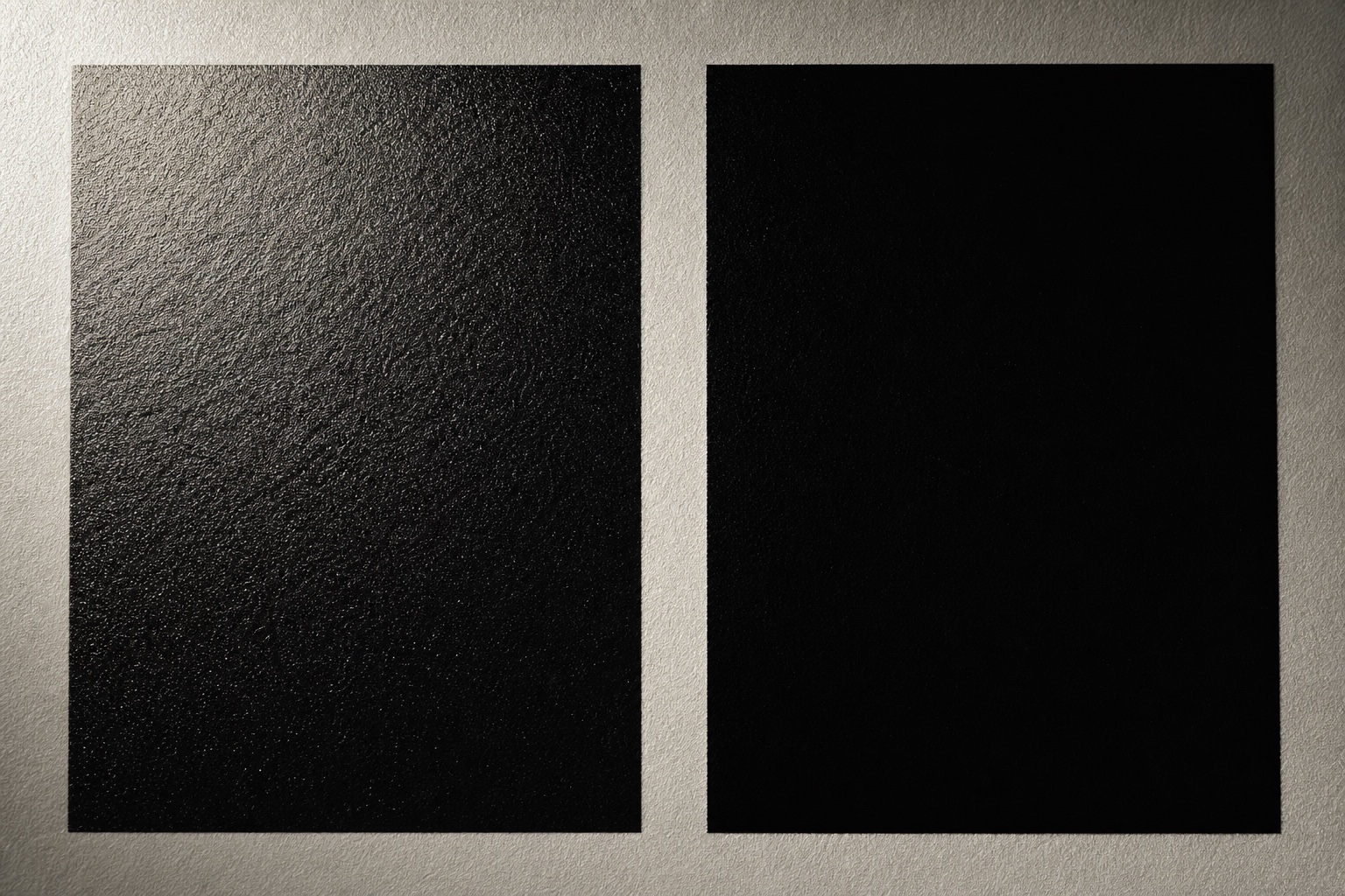 Rich black vs pure black swatch comparison Rich black and pure K black print swatches compared under raking light. | Sky Rye Design Rich black and pure K black print swatches compared under raking light.