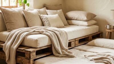 Double-layered wooden pallet daybed with roll-out guest trundle bed on casters