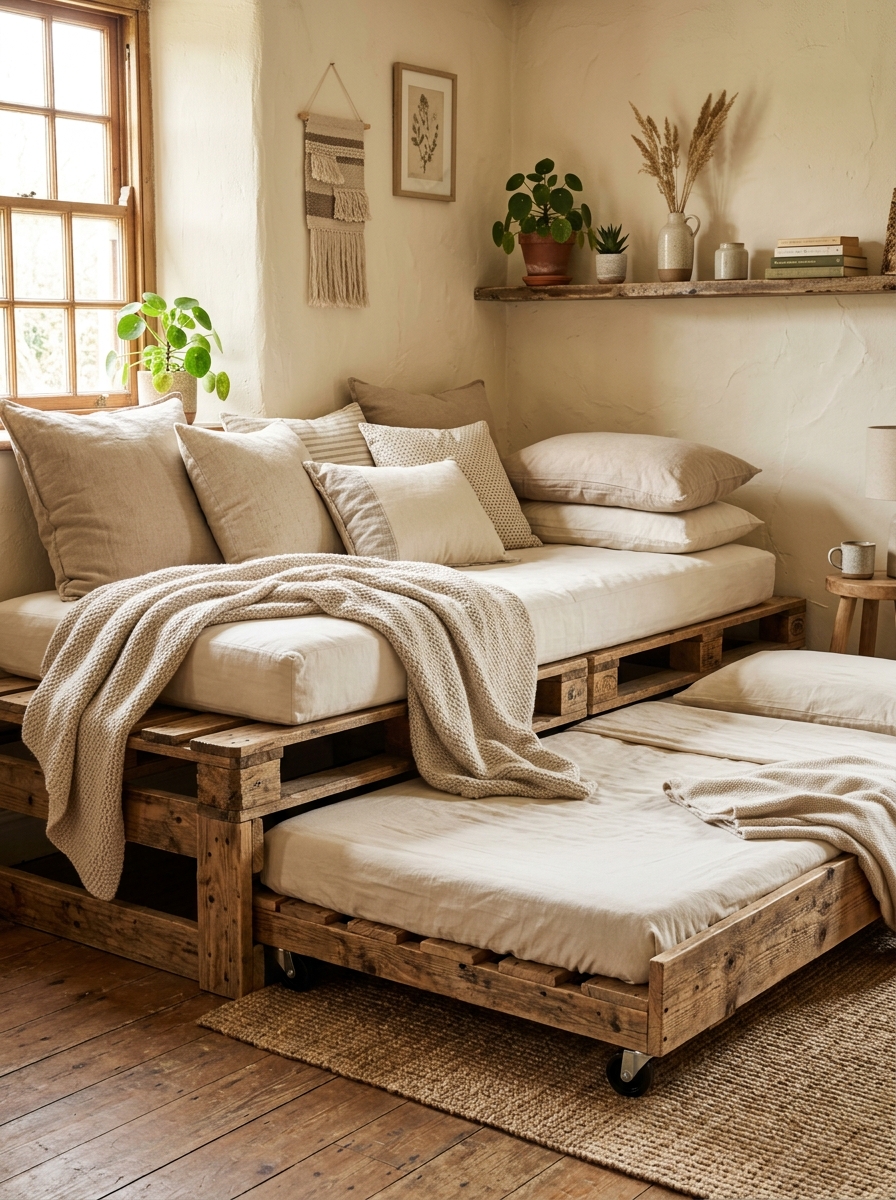 Roll-Out pallet trundle daybed Double-layered wooden pallet daybed with roll-out guest trundle bed on casters | Sky Rye Design Double-layered wooden pallet daybed with roll-out guest trundle bed on casters