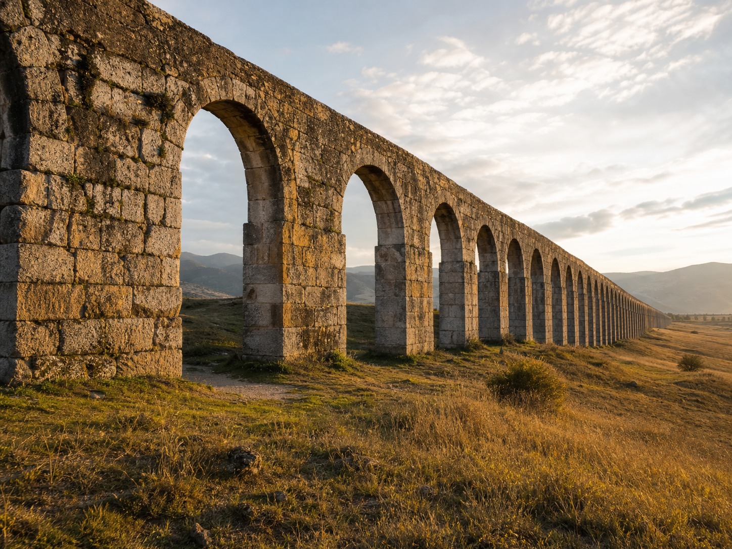 Roman aqueduct arches across a dry valley Roman aqueduct arches repeating across a dry valley in warm low sunlight | Sky Rye Design Roman aqueduct arches repeating across a dry valley in warm low sunlight