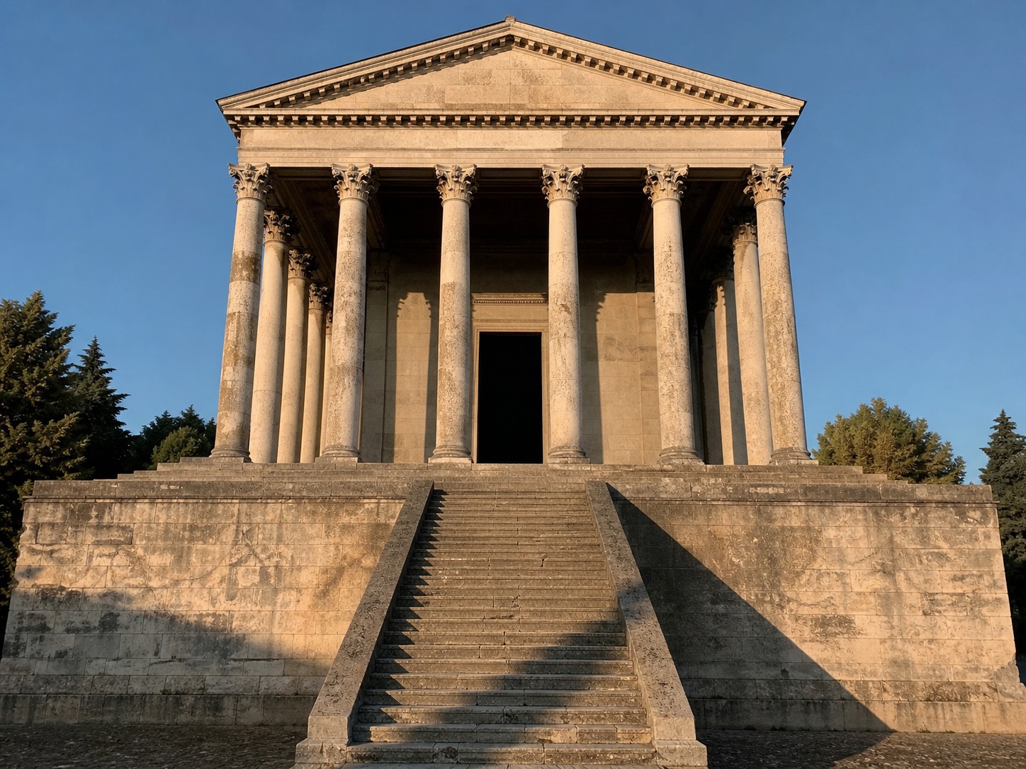 Roman podium temple with a single front staircase Roman temple raised on a tall podium with one central staircase leading to a columned porch | Sky Rye Design Roman temple raised on a tall podium with one central staircase leading to a columned porch