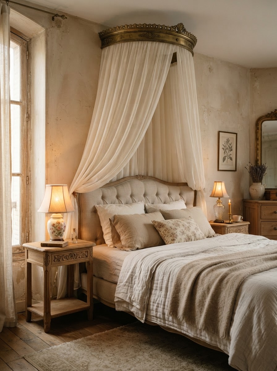 Romantic French Crown Canopy Elegant bedroom canopy ideas featuring sheer white curtains on a wooden frame. | Sky Rye Design Elegant bedroom canopy ideas featuring sheer white curtains on a wooden frame.