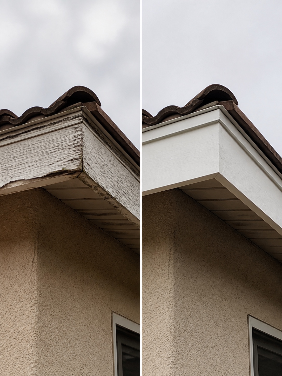 Before-and-after comparison of a warped fascia board and a crisp repainted fascia line.