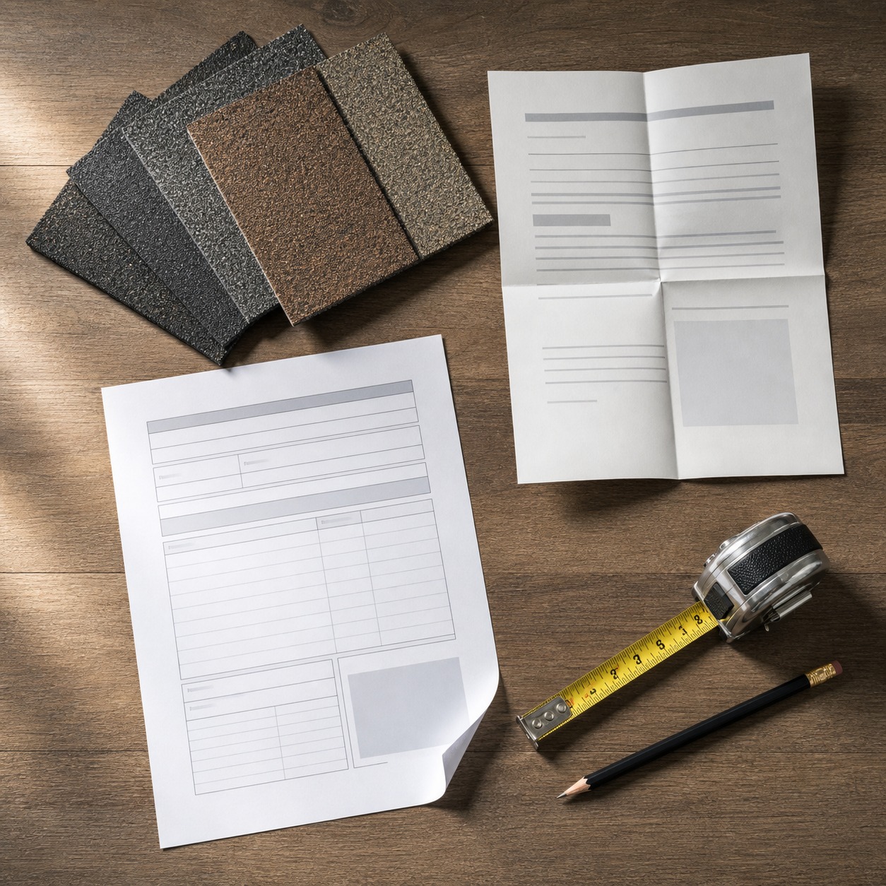Roofing samples, estimate papers, tape measure, and pencil arranged on a wooden desk