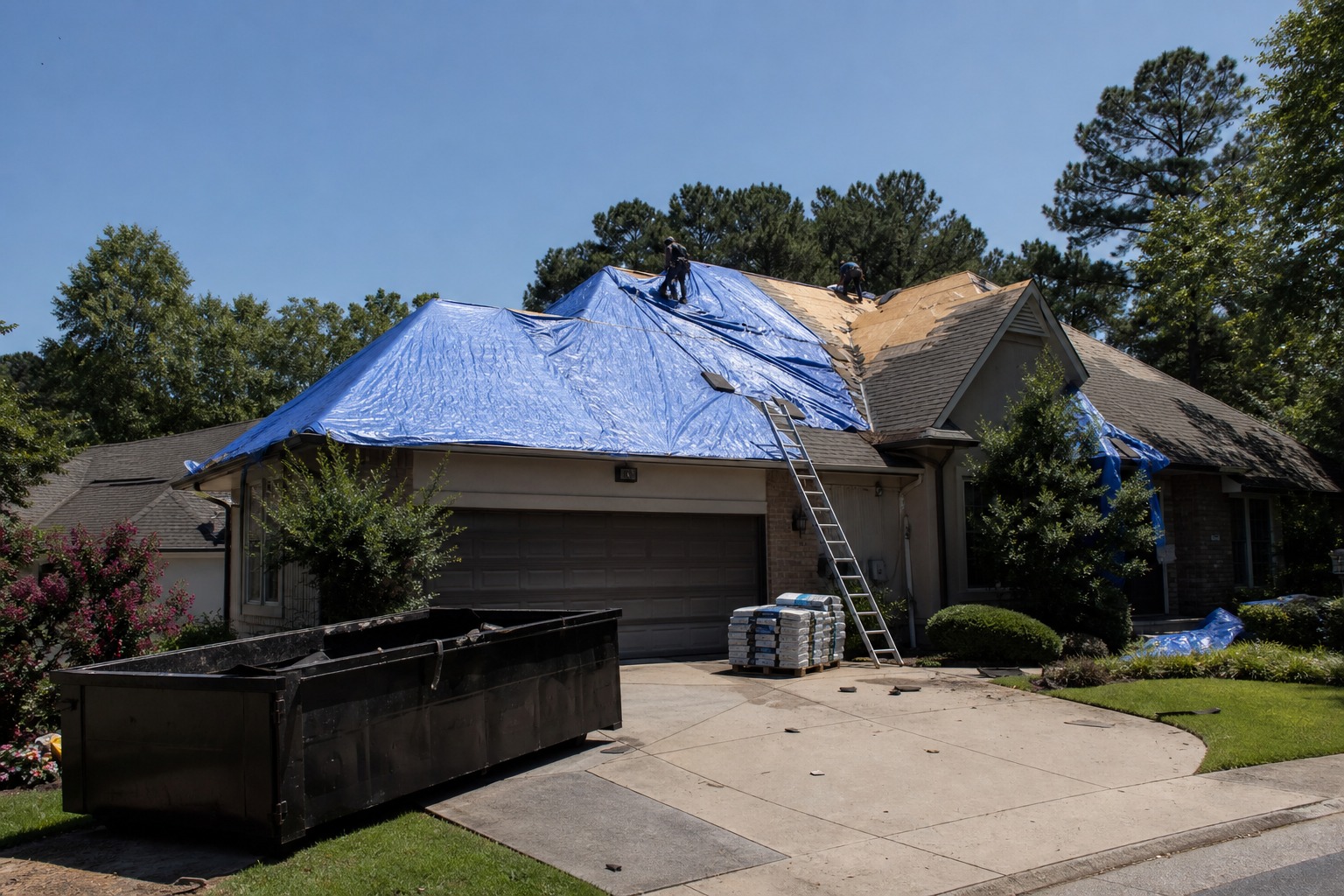 House mid-reroofing with blue tarps, ladder, dumpster, and roofing bundles in the driveway