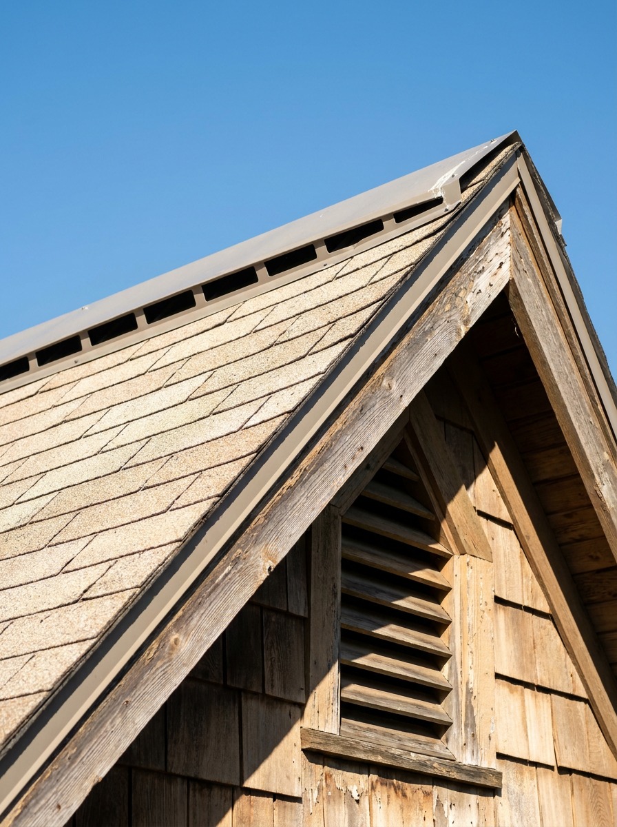 A light-colored roofline shows ridge and gable vents under crisp midday sunlight.