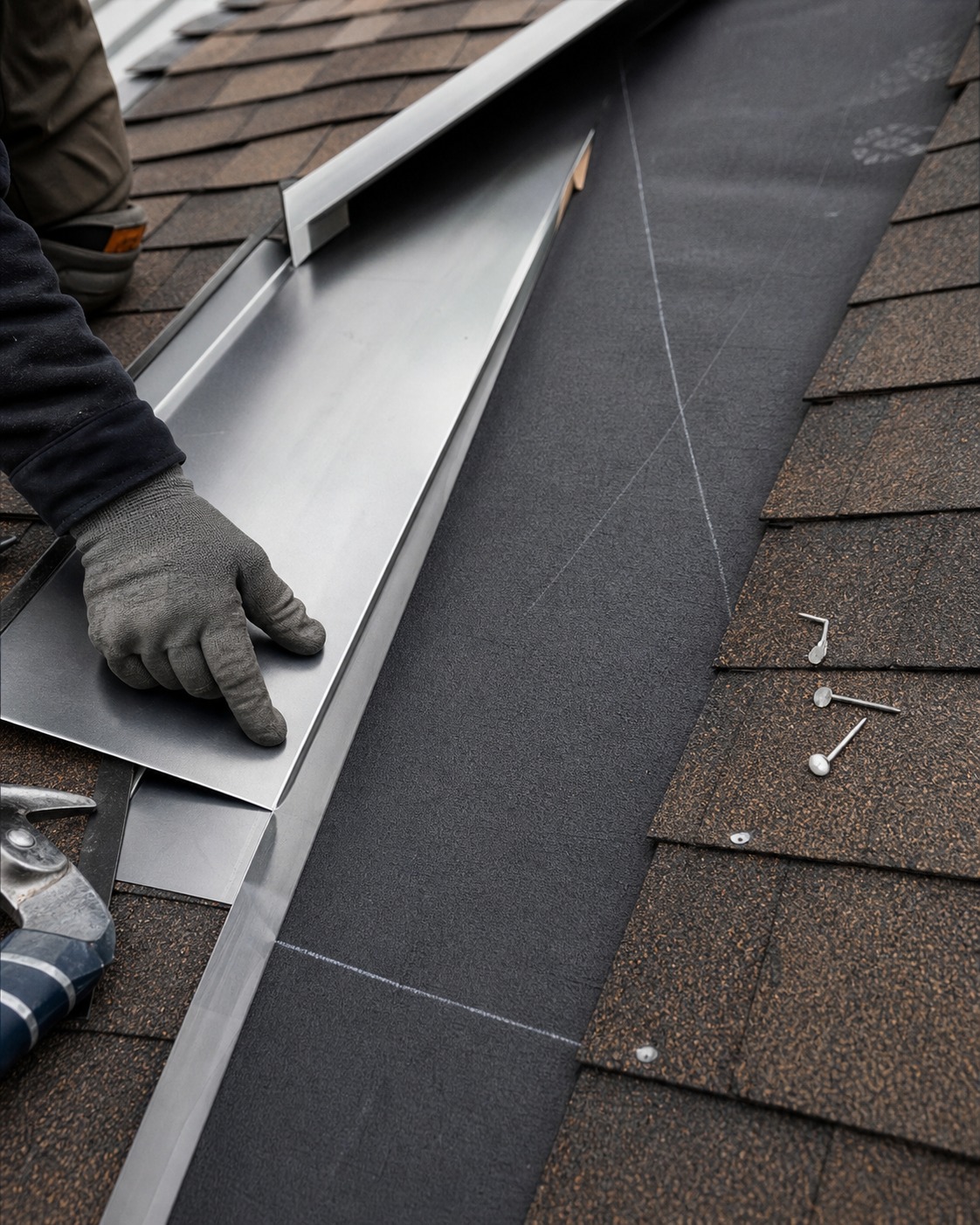 Gloved roofer positioning metal flashing over black underlayment in a roof valley