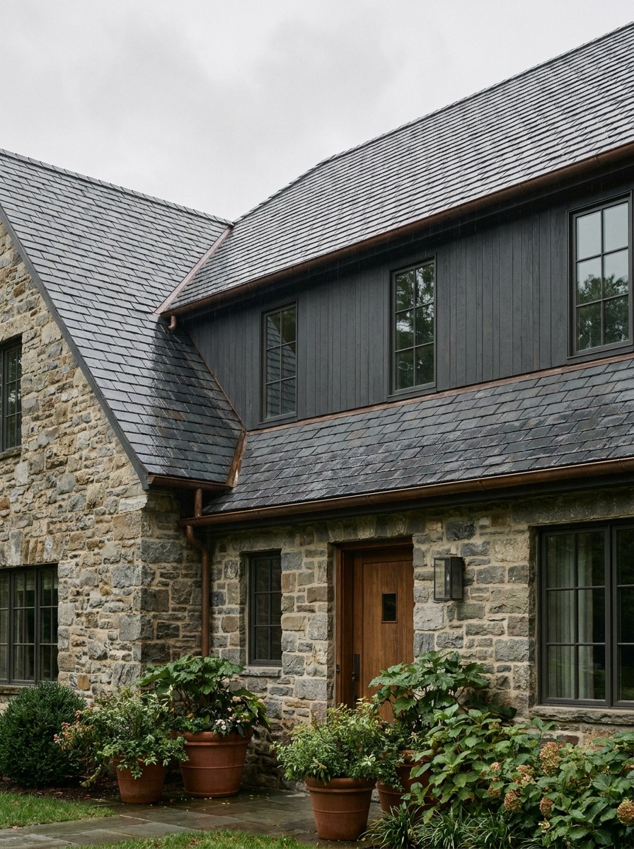 Roofline pitch continuity on a home addition Home facade showing matching roofline pitch between the original structure and a second-story addition. | Sky Rye Design Home facade showing matching roofline pitch between the original structure and a second-story addition.