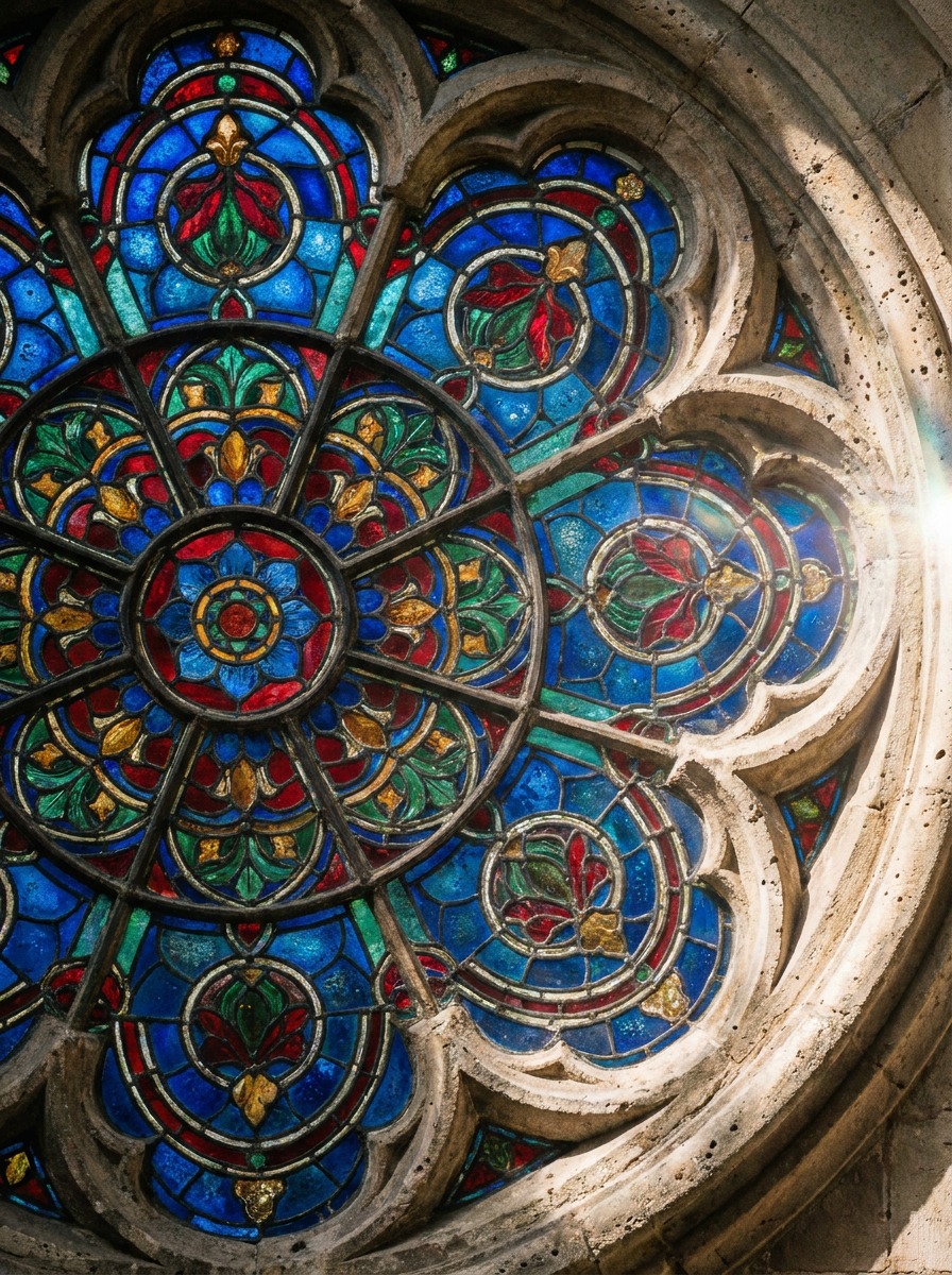 Ornate rosette stained-glass window with radial mandala-like geometric symmetry.
