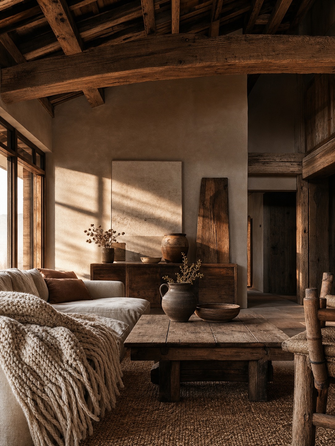 Rustic boho living room A rustic boho living room with exposed wood beams, reclaimed furniture, chunky woven textiles, handmade ceramics, and deeper earth tones. | Sky Rye Design A rustic boho living room with exposed wood beams, reclaimed furniture, chunky woven textiles, handmade ceramics, and deeper earth tones.