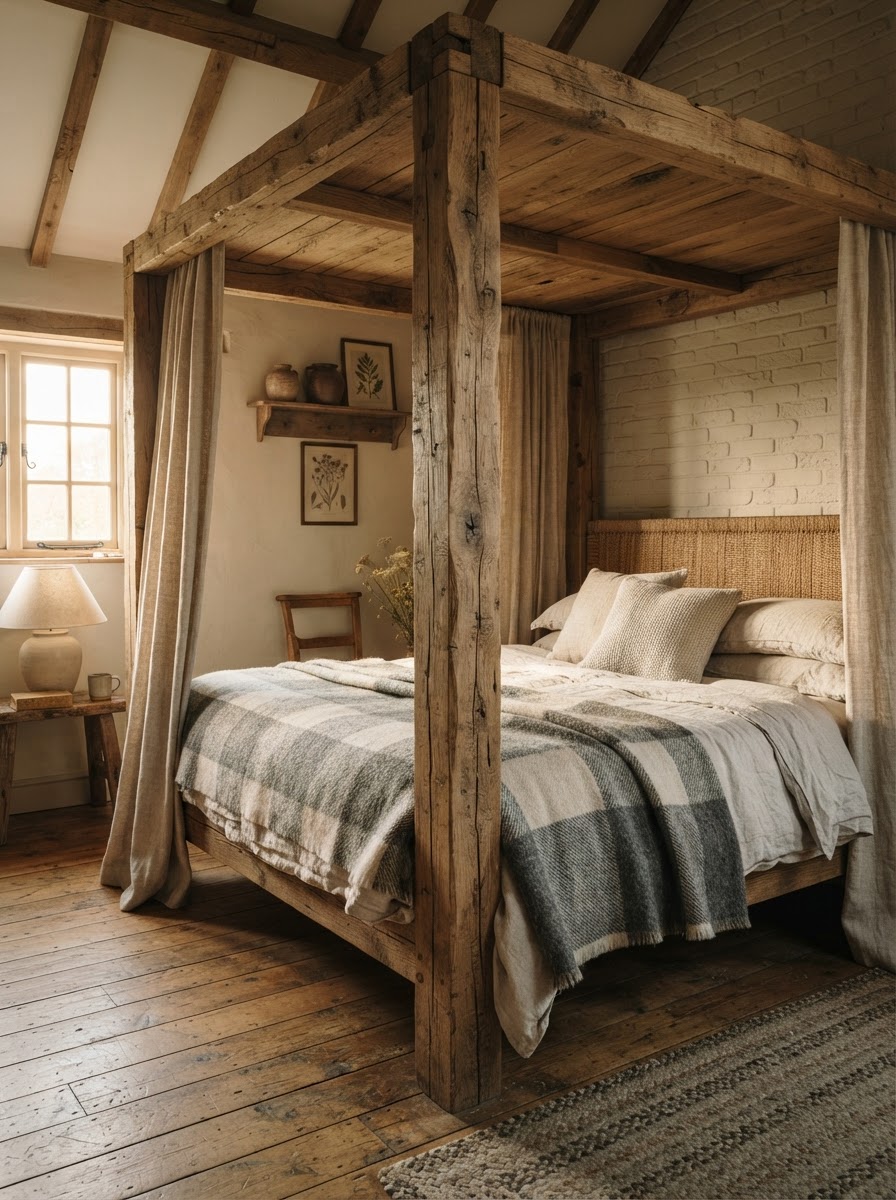 Rustic Farmhouse Wood Canopy Bed Rustic four-poster bed in a cozy bedroom with wooden beams, plaid duvet, and neutral curtains. | Sky Rye Design Comfortable four-poster bed canopy designs with plush pillows and modern neutral bedding.