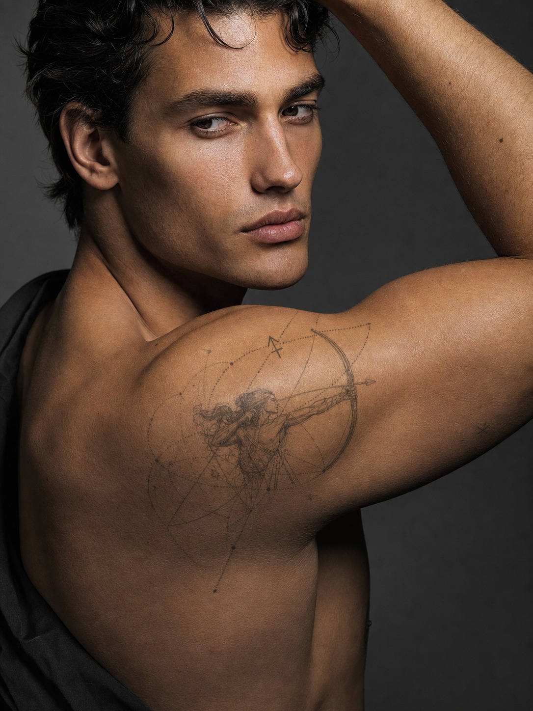 Sagittarius archer shoulder tattoo A fine-line Sagittarius archer tattoo with geometric dotwork on a male model’s shoulder. | Sky Rye Design A fine-line Sagittarius archer tattoo with geometric dotwork on a male model’s shoulder.