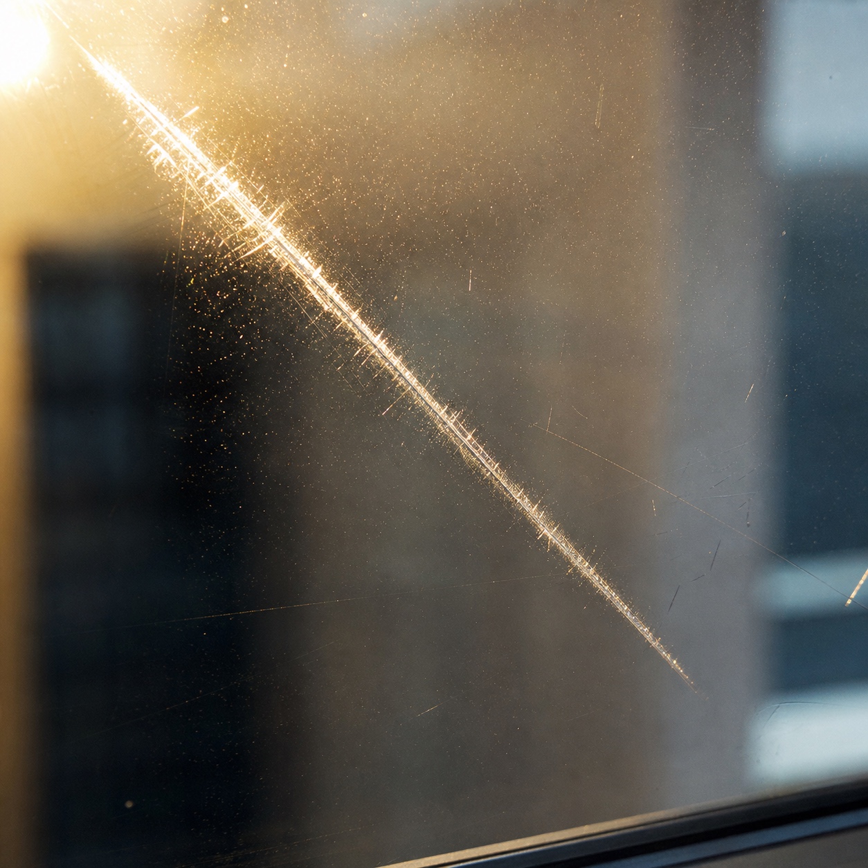 Deep scratch catching glare on window glass Deep scratch on window glass scattering a bright glare line from low sun. | Sky Rye Design Deep scratch on window glass scattering a bright glare line from low sun.
