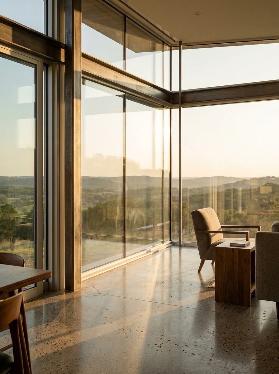 Second-story addition interior with glass corner view Interior of a second-story addition with floor-to-ceiling glass framing a landscape view. | Sky Rye Design Interior of a second-story addition with floor-to-ceiling glass framing a landscape view.