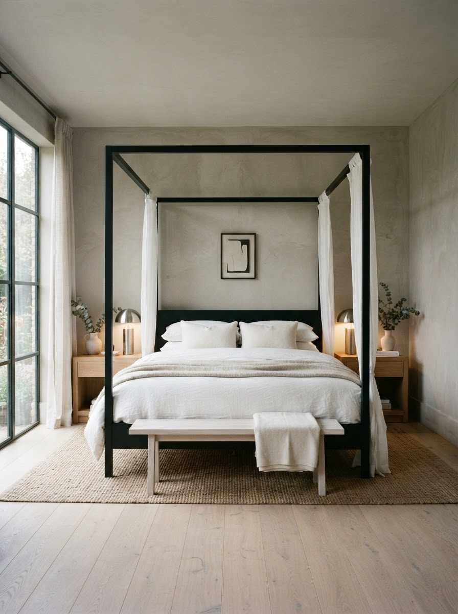 Serene Modern Four-Poster Canopy Bed Four-poster bed canopy ideas with draped sheer fabric in a cozy master bedroom. | Sky Rye Design Four-poster bed canopy ideas with draped sheer fabric in a cozy master bedroom.