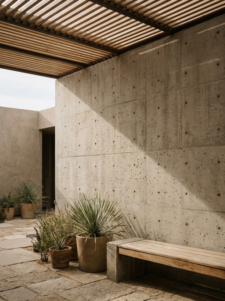 Shaded Concrete Thermal Mass Wall Courtyard Shaded concrete thermal mass wall in modern courtyard | Sky Rye Design Shaded concrete thermal mass wall in modern courtyard