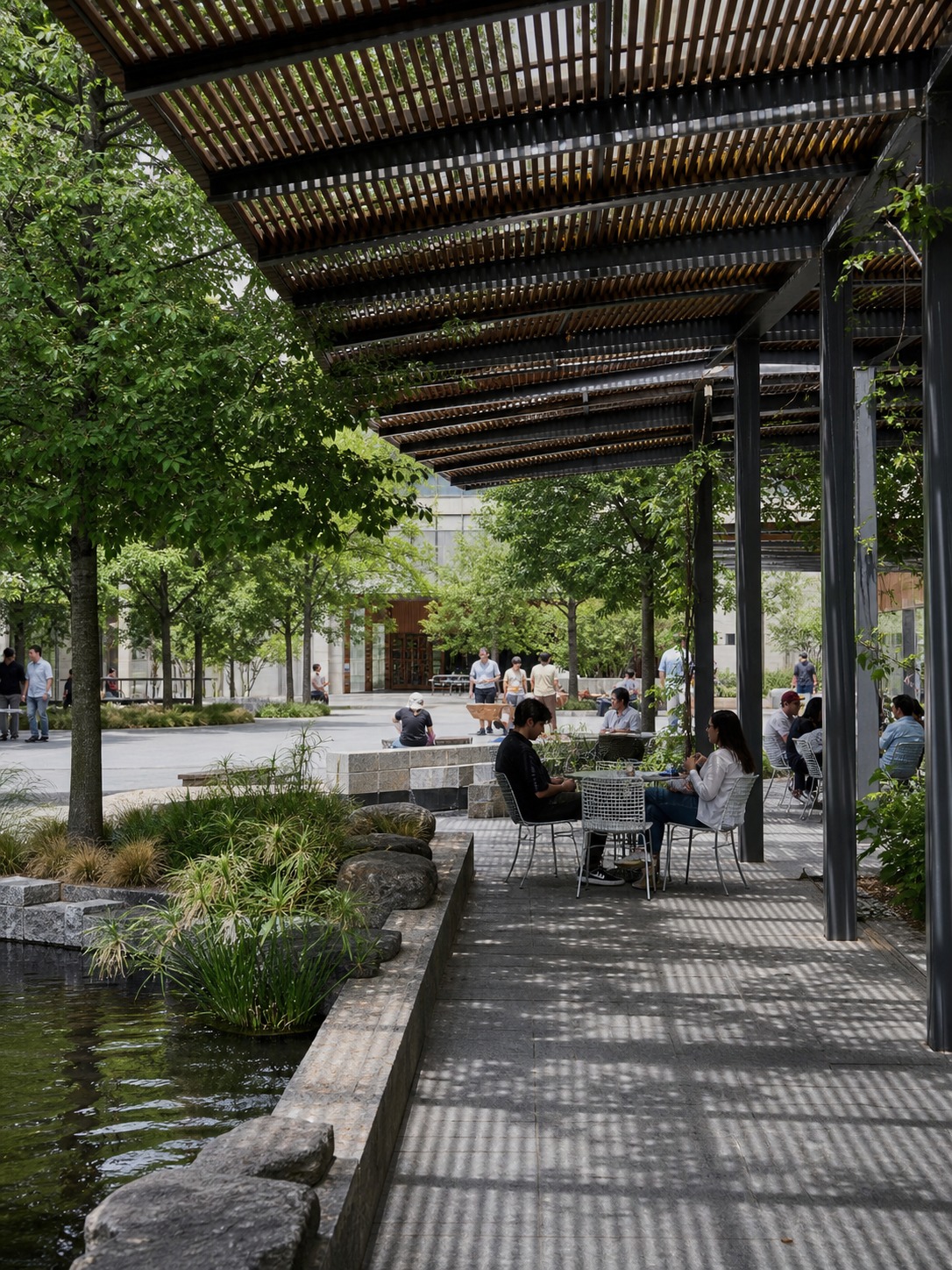 Shaded public plaza with pergola structures, outdoor seating, a water feature, and native planting.