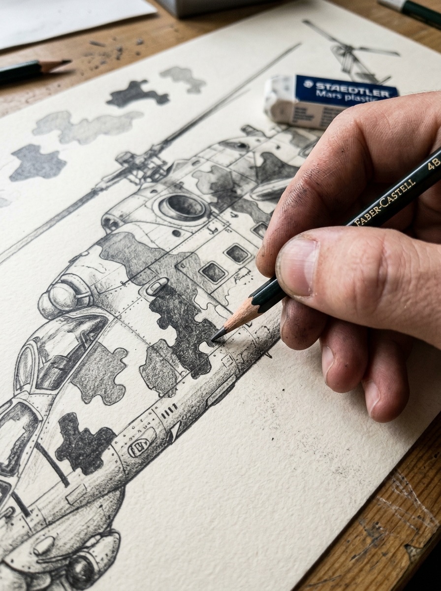 Military helicopter camouflage drawing with puzzle-piece camo shapes shaded on the fuselage.