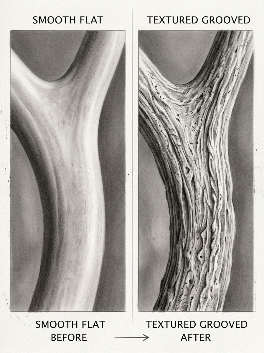 Side-by-side comparison of a drawing showing a smooth flat surface before and a