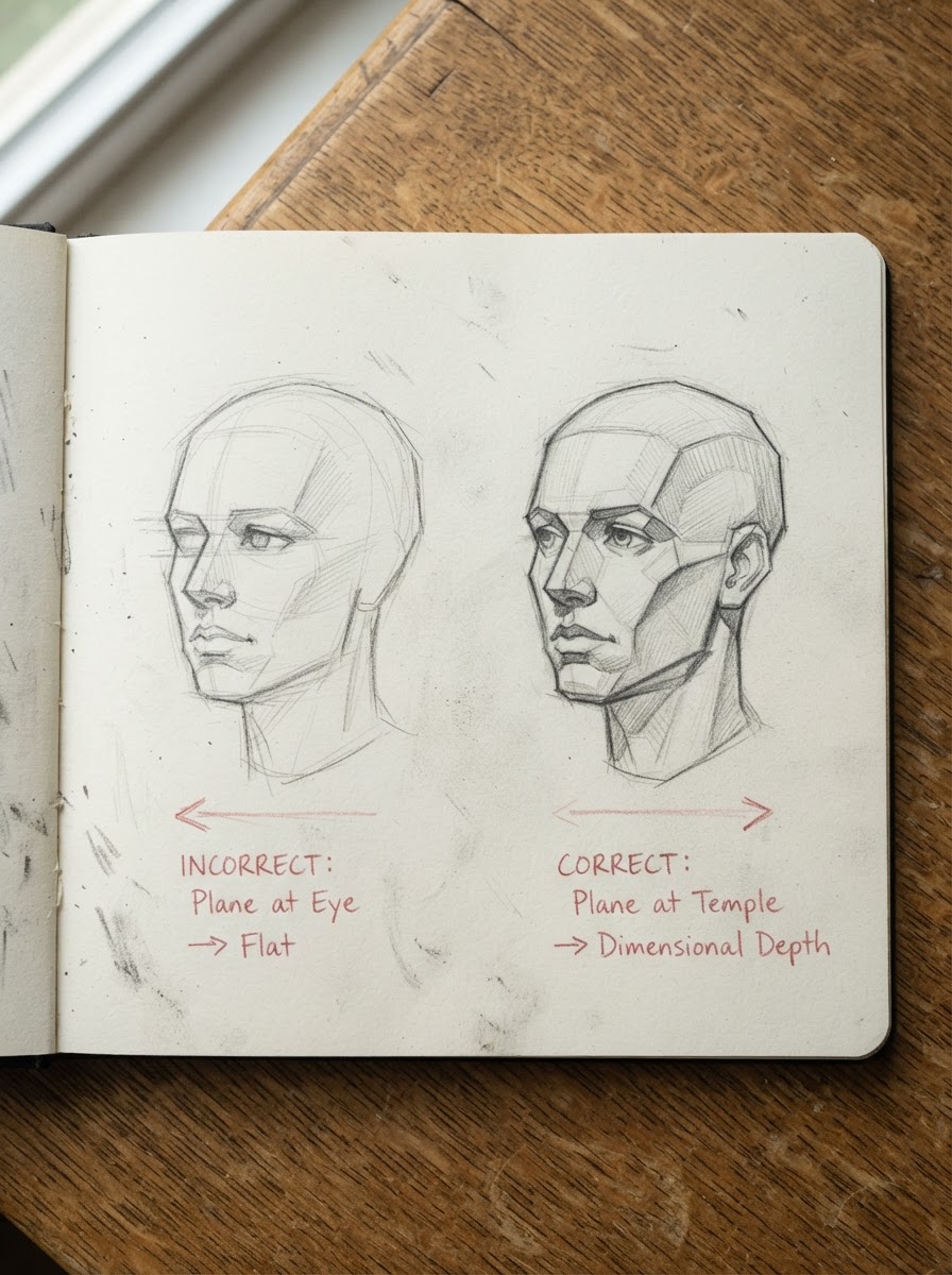 Side-plane temple versus eye comparison Two graphite three-quarter head sketches comparing incorrect side-plane placement at the eye with correct placement near the temple. | Sky Rye Design Two graphite three-quarter head sketches comparing incorrect side-plane placement at the eye with correct placement near the temple.