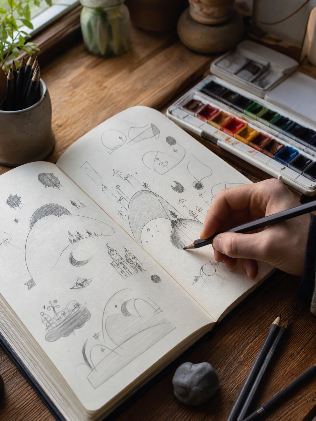 Open sketchbook with playful abstract sketching ideas Artist hand drawing playful abstract shapes and tiny imaginative scenes in an open sketchbook on a wooden desk with pencils, eraser, and watercolor pans. | Sky Rye Design Artist hand drawing playful abstract shapes and tiny imaginative scenes in an open sketchbook on a wooden desk with pencils, eraser, and watercolor pans.