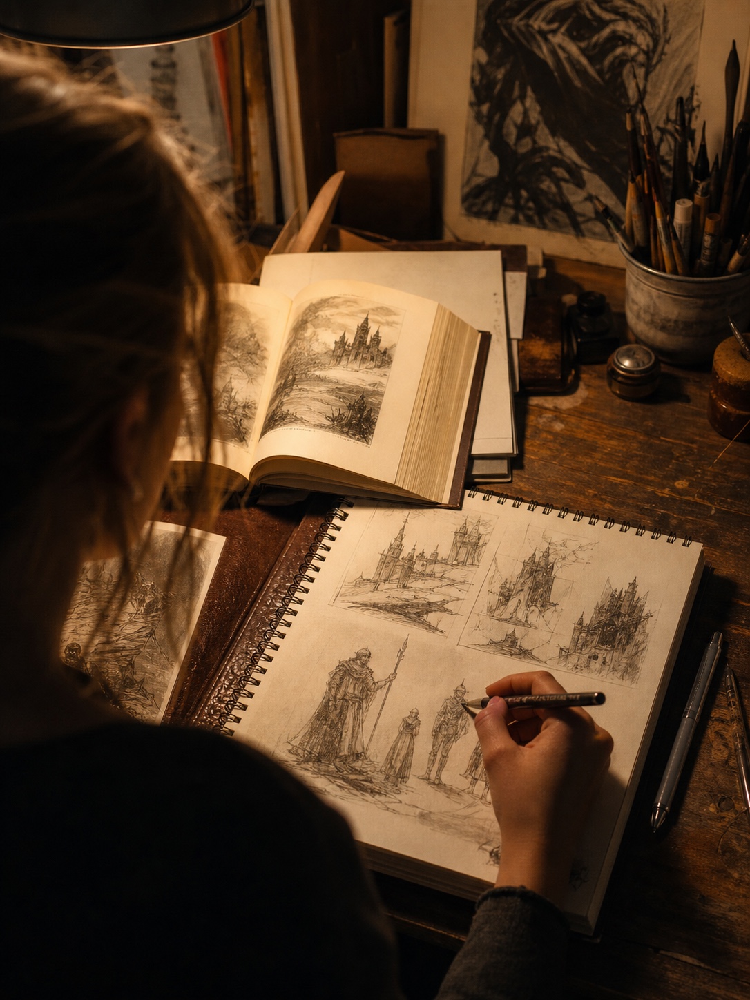 Favorite novel scene sketchbook prompt Over-the-shoulder view of an artist sketching a dramatic novel-inspired scene beside an open book, with character silhouettes and castle studies. | Sky Rye Design Over-the-shoulder view of an artist sketching a dramatic novel-inspired scene beside an open book, with character silhouettes and castle studies.