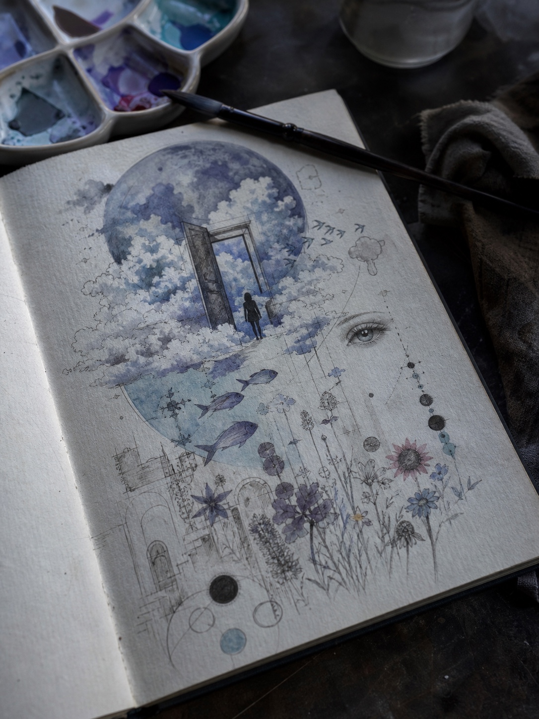 Dream imagery sketchbook prompt Surreal sketchbook page with pencil and watercolor dream imagery, moonlit clouds, a floating doorway, flowers, tiny fish, and abstract symbols. | Sky Rye Design Surreal sketchbook page with pencil and watercolor dream imagery, moonlit clouds, a floating doorway, flowers, tiny fish, and abstract symbols.