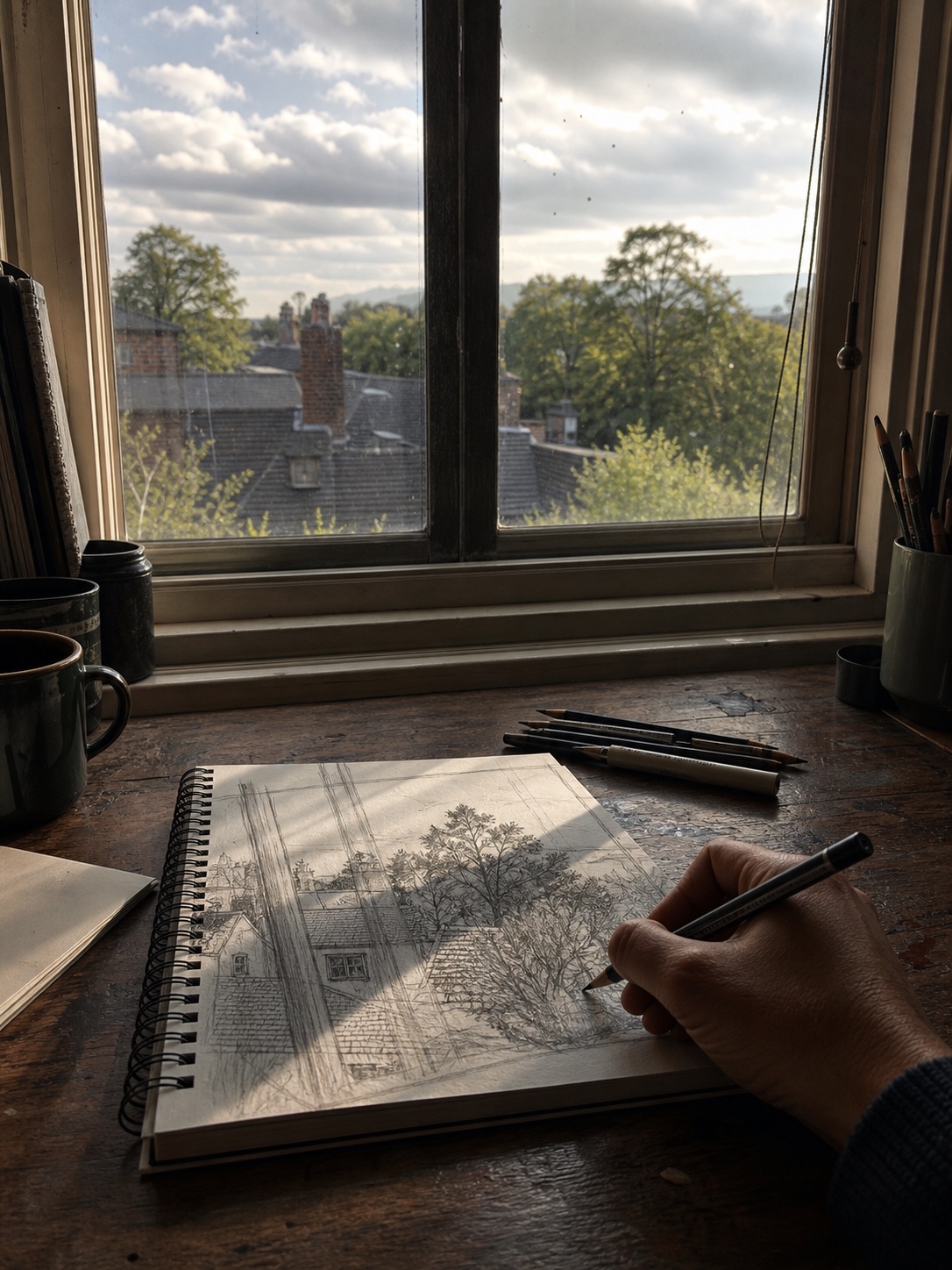 Window view observational sketch Artist sketching trees, rooftops, and clouds from a cozy room window, with graphite pencils and fineliner on a worn wooden desk. | Sky Rye Design Artist sketching trees, rooftops, and clouds from a cozy room window, with graphite pencils and fineliner on a worn wooden desk.