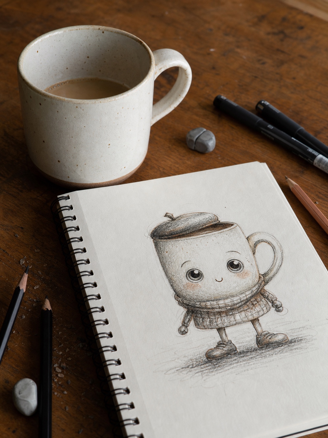 Coffee mug character sketch prompt Coffee mug beside a sketchbook drawing of the mug as a whimsical character with expressive eyes, colored pencils, ink pens, and eraser crumbs. | Sky Rye Design Coffee mug beside a sketchbook drawing of the mug as a whimsical character with expressive eyes, colored pencils, ink pens, and eraser crumbs.