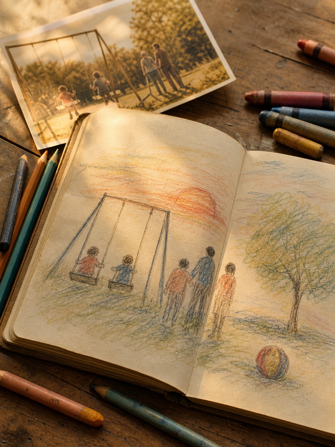 Childhood park memory sketchbook prompt Open sketchbook showing a childhood park memory with swings, family figures, toy ball, trees, colored pencils, crayons, and a faded photo. | Sky Rye Design Open sketchbook showing a childhood park memory with swings, family figures, toy ball, trees, colored pencils, crayons, and a faded photo.