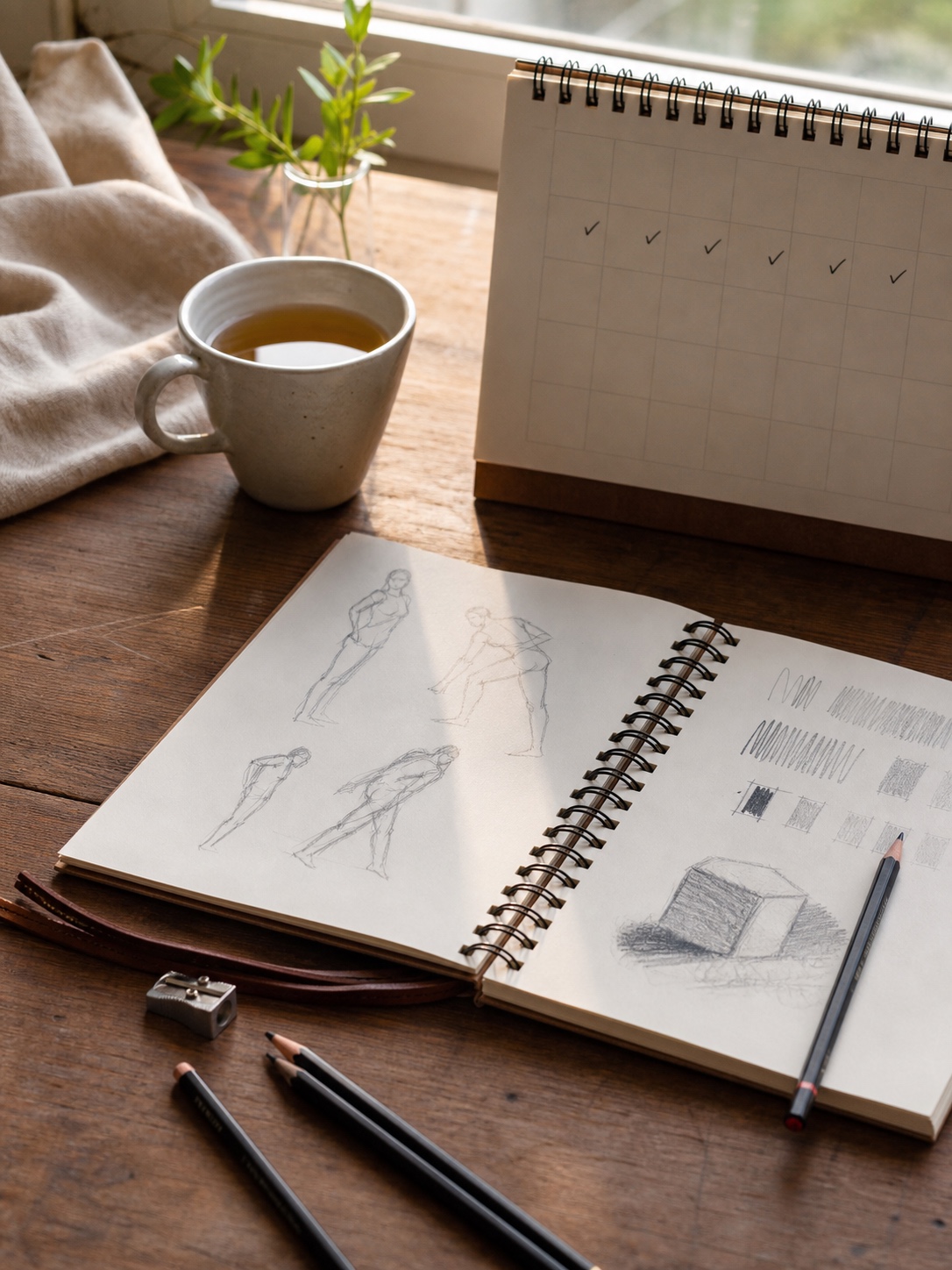 Daily sketchbook practice routine Morning daily sketchbook practice setup with gesture drawings, shading studies, pencils, sharpener, tea cup, linen cloth, and a check-mark calendar. | Sky Rye Design Morning daily sketchbook practice setup with gesture drawings, shading studies, pencils, sharpener, tea cup, linen cloth, and a check-mark calendar.
