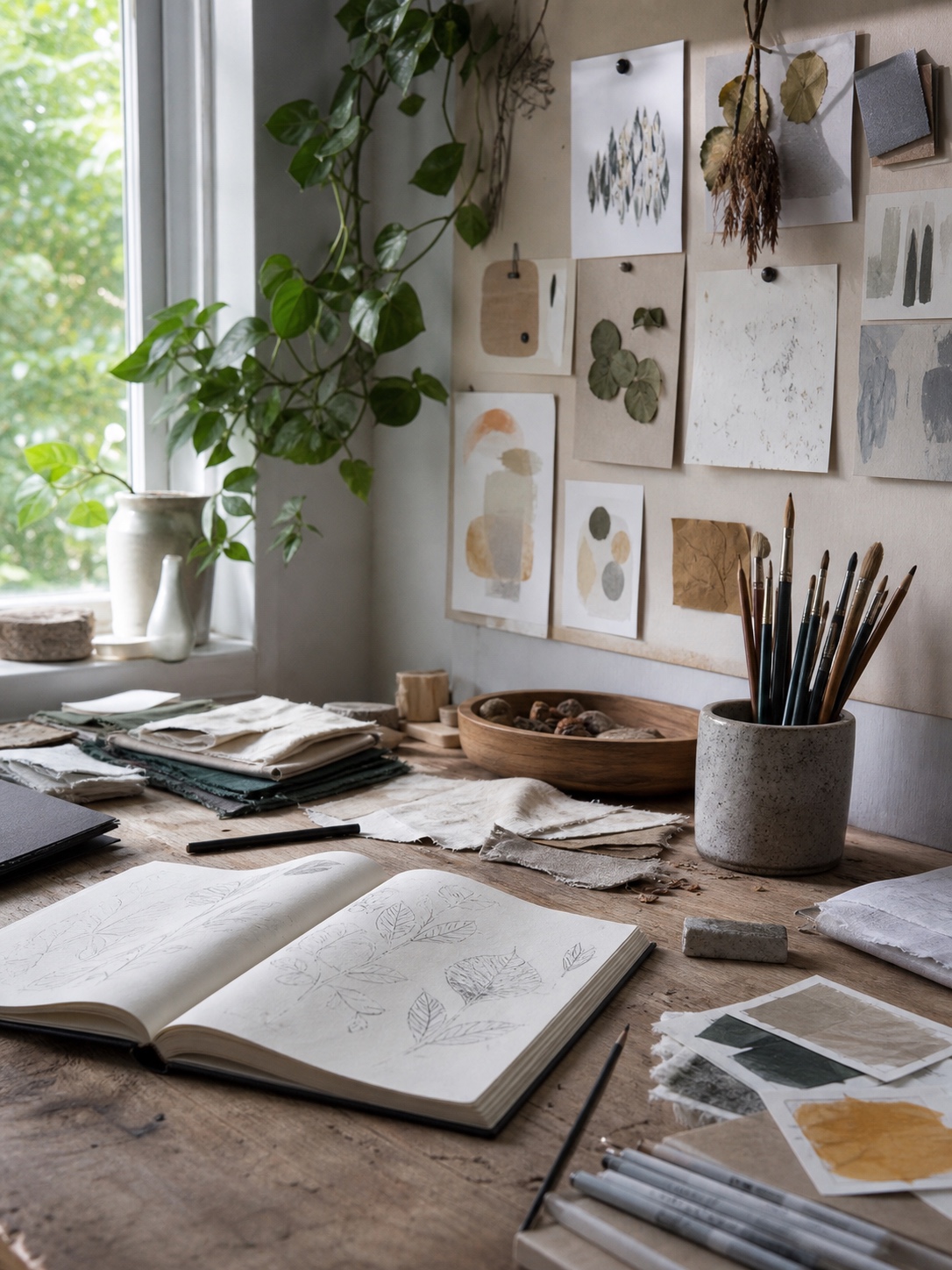 Dedicated sketching corner workspace Calm artist sketching corner with open sketchbook, pinned mini mood board, leaves, fabric swatches, color cards, pencils, markers, and brush cup. | Sky Rye Design Calm artist sketching corner with open sketchbook, pinned mini mood board, leaves, fabric swatches, color cards, pencils, markers, and brush cup.