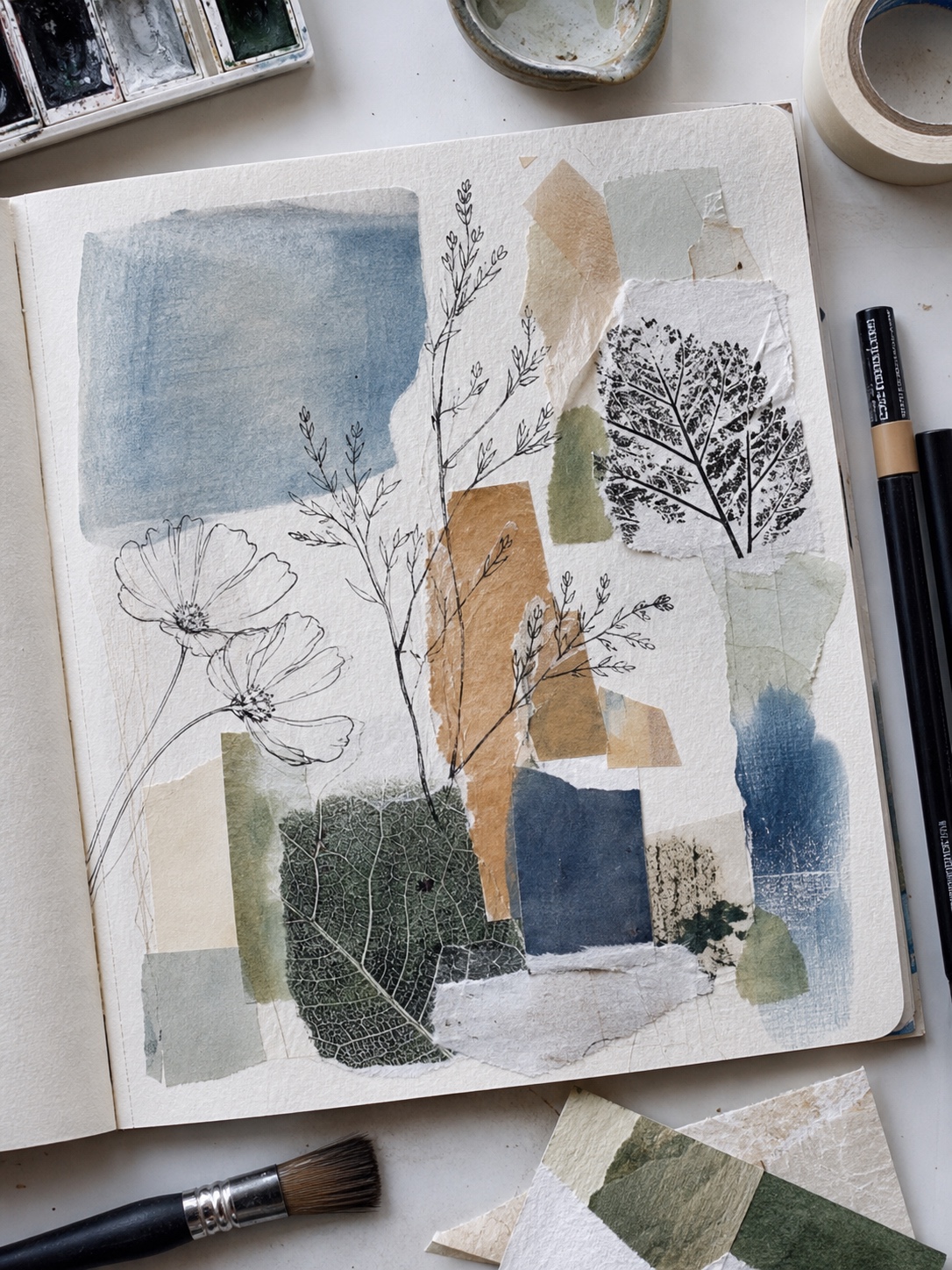 Mixed media sketchbook inspiration Flat-lay sketchbook page with pencil line art, watercolor washes, collage paper scraps, botanical textures, color swatches, tape, brushes, and markers. | Sky Rye Design Flat-lay sketchbook page with pencil line art, watercolor washes, collage paper scraps, botanical textures, color swatches, tape, brushes, and markers.