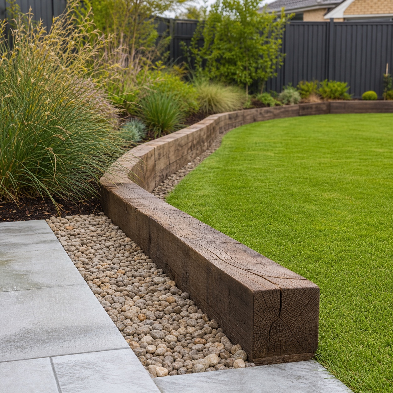 Sleepers for garden edging Sleepers for garden edging between a lawn, gravel strip and soft ornamental planting | Sky Rye Design Sleepers for garden edging between a lawn, gravel strip and soft ornamental planting