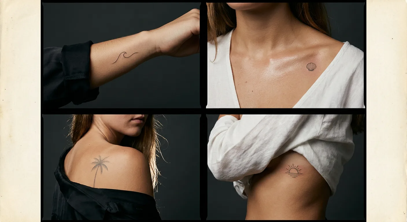 Small beach tattoo for females wave Small beach tattoo for females wave, shell, palm tree and sunset fine-line design ideas | Sky Rye Design Small beach tattoo for females wave, shell, palm tree and sunset fine-line design ideas